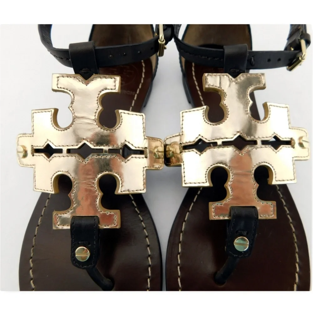 TORY BURCH Brown Leather Gold Logo Thong Ankle Strap Sandals 6.5